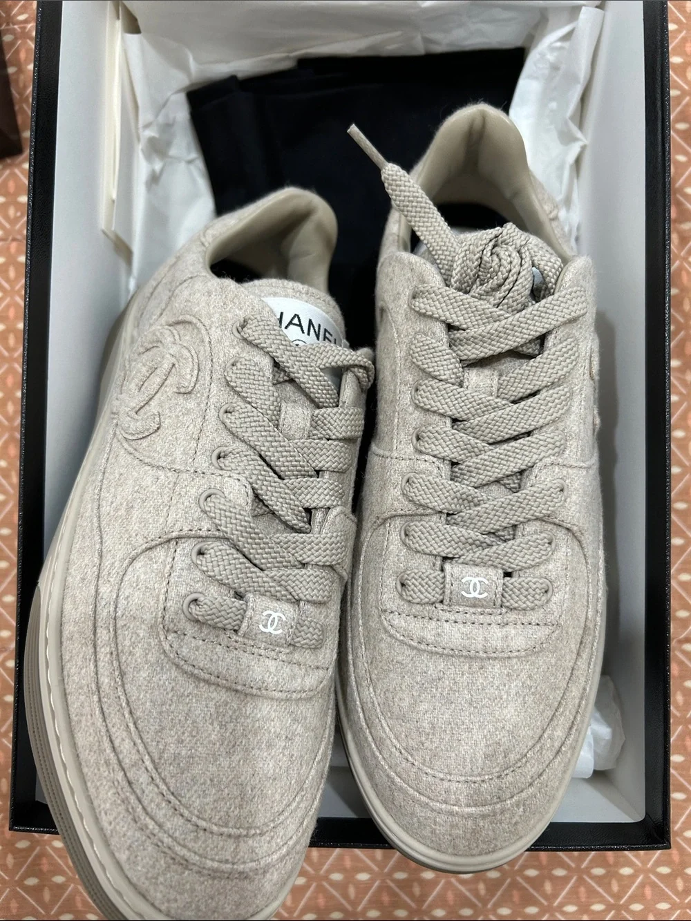 CHANEL Wool Quilted Low-Top Sneakers in Taupe